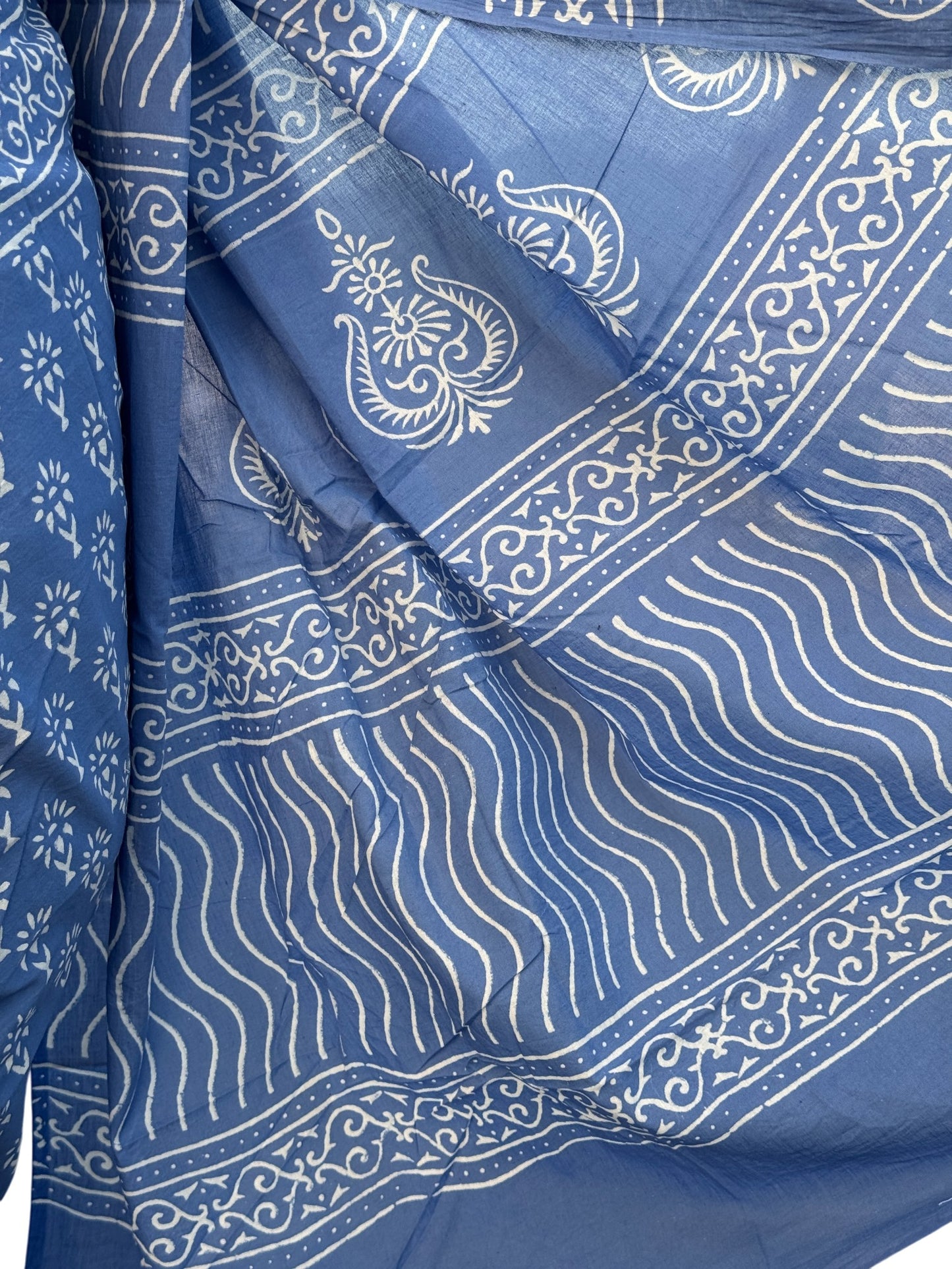 Blue Color Hand Block Printed Mul Cotton Saree