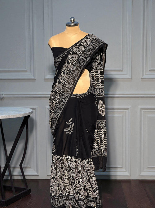 Black Hand Block Printed Mul Cotton Saree