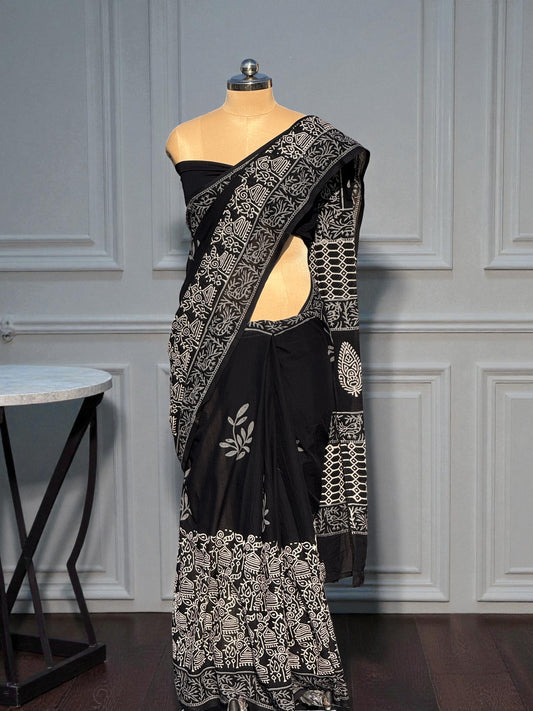 Black Hand Block Printed Mul Cotton Saree