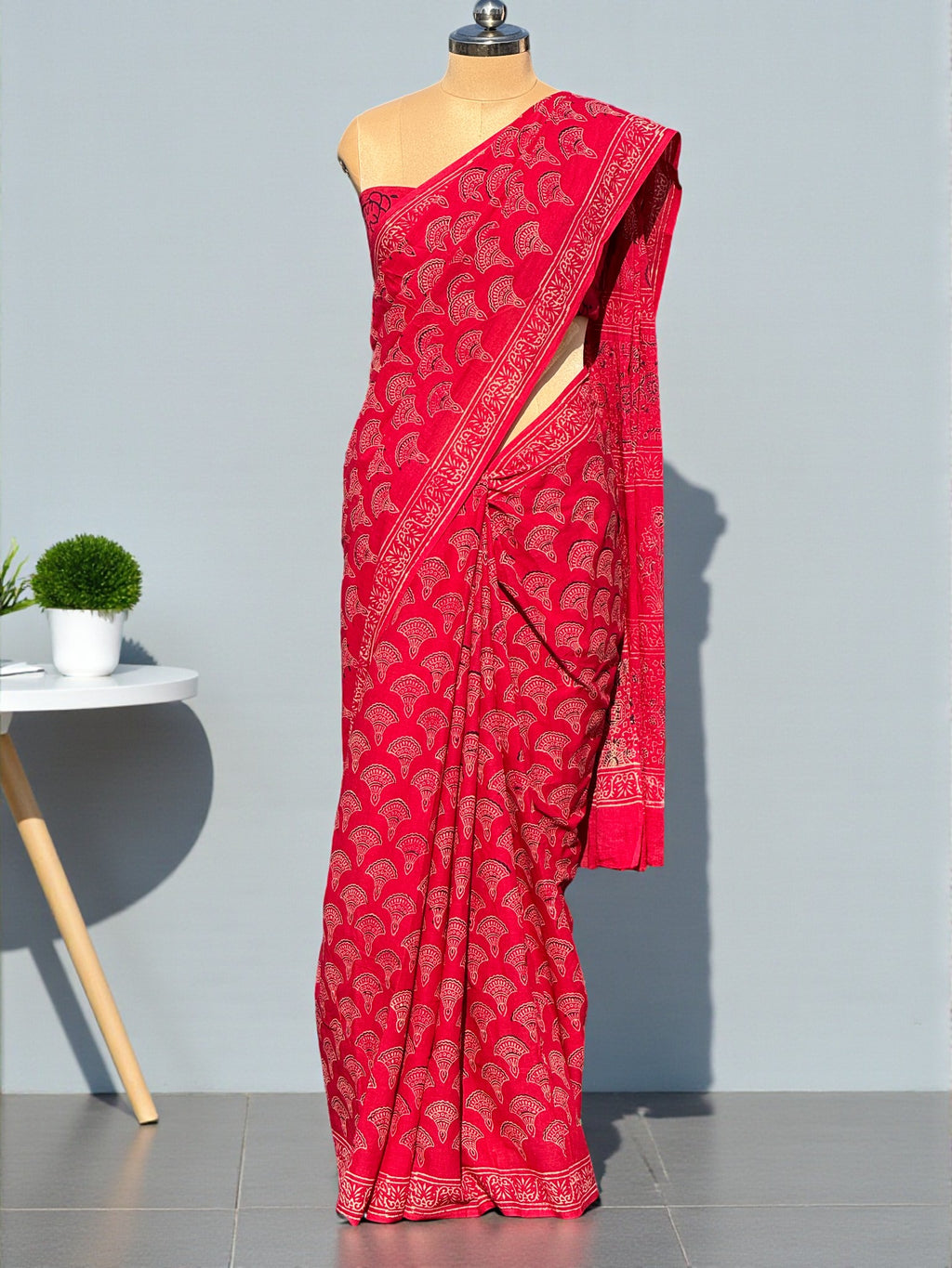 Radiant Crimson Hand Block Print Mul Cotton Saree