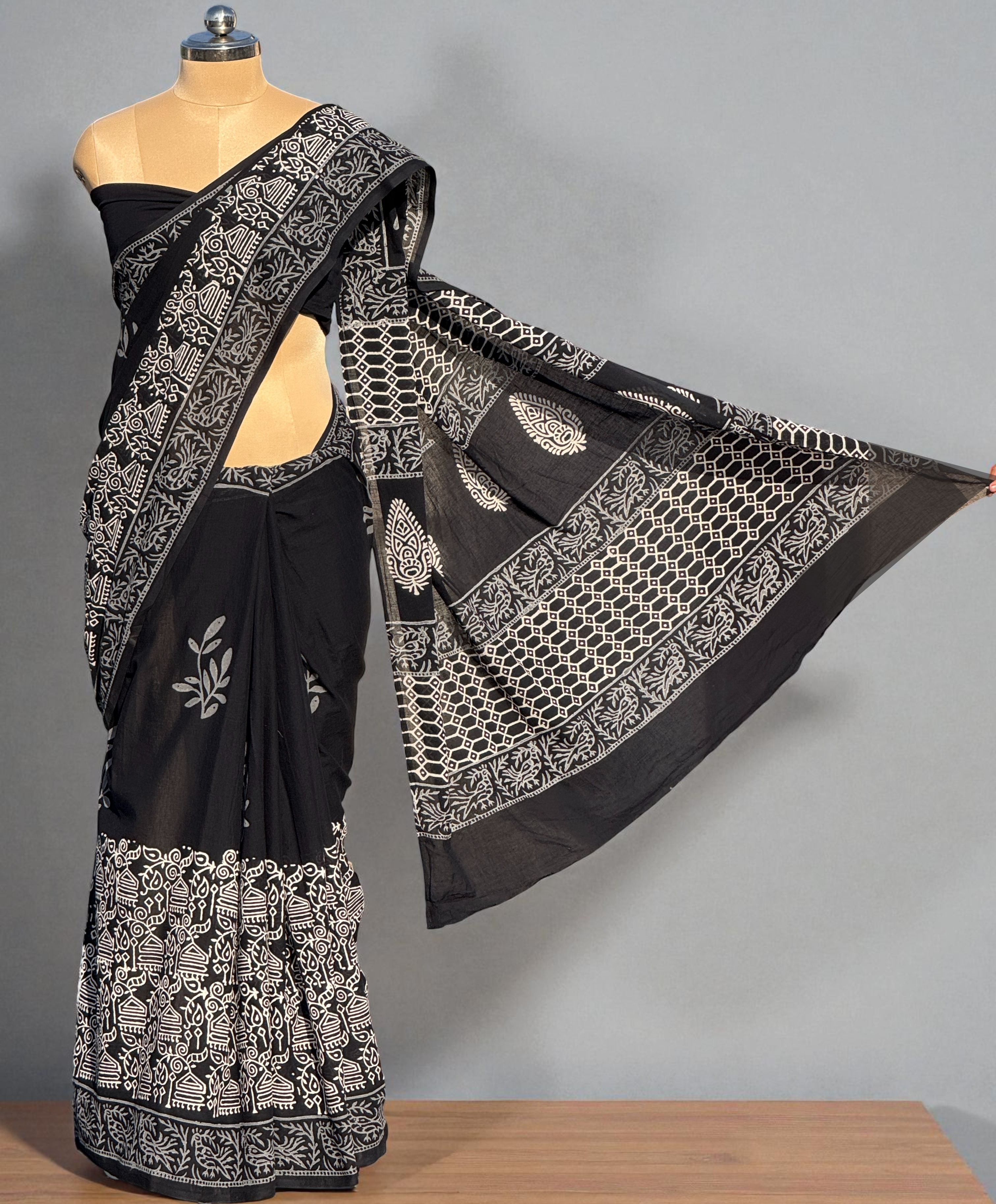Black Hand Block Printed Mul Cotton Saree