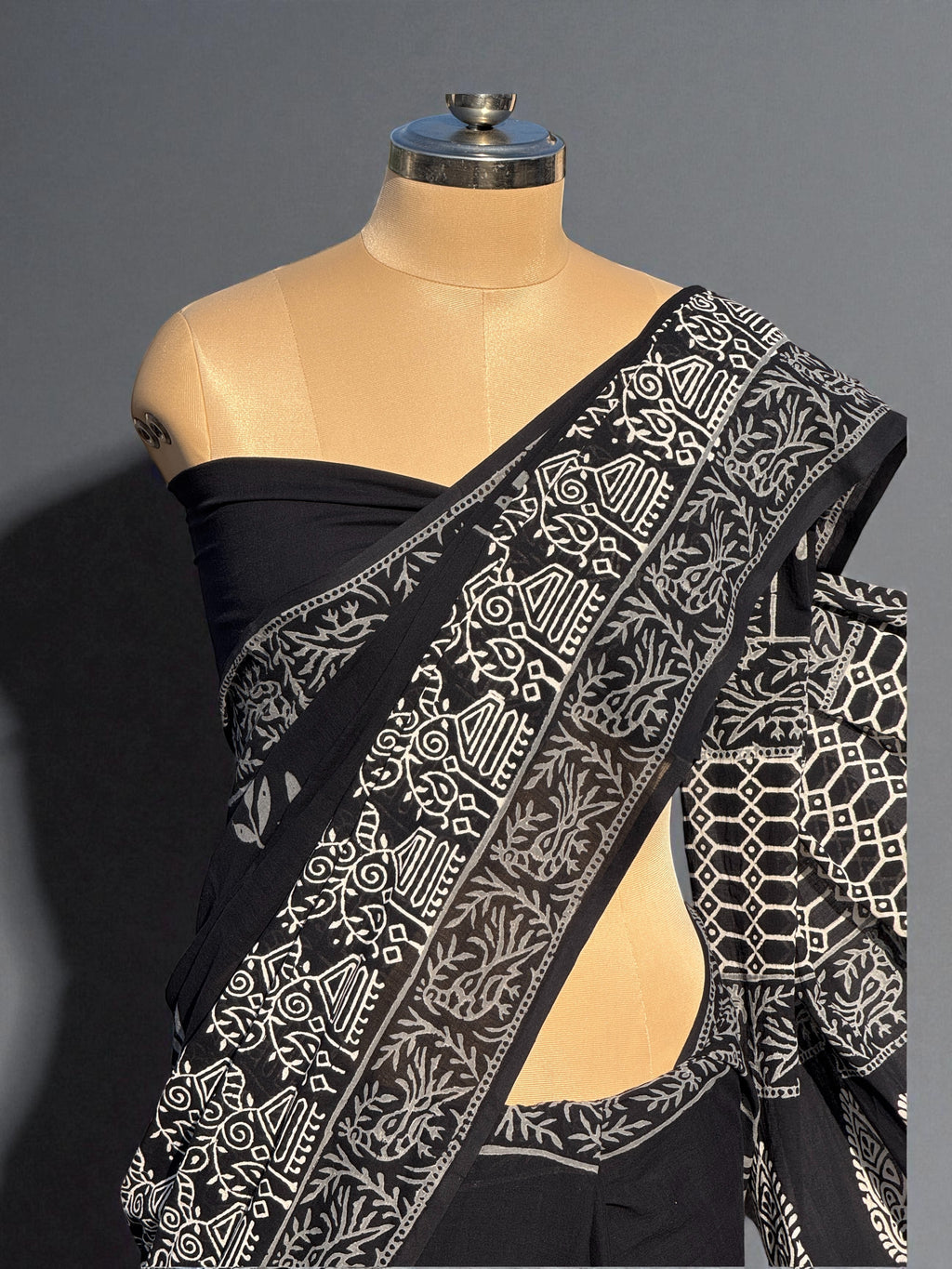 Black Hand Block Printed Mul Cotton Saree