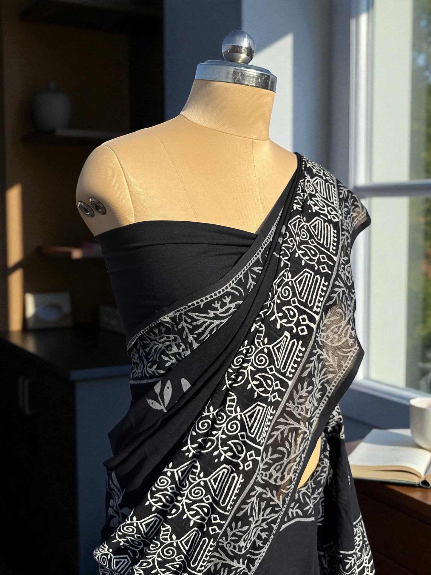 Black Hand Block Printed Mul Cotton Saree