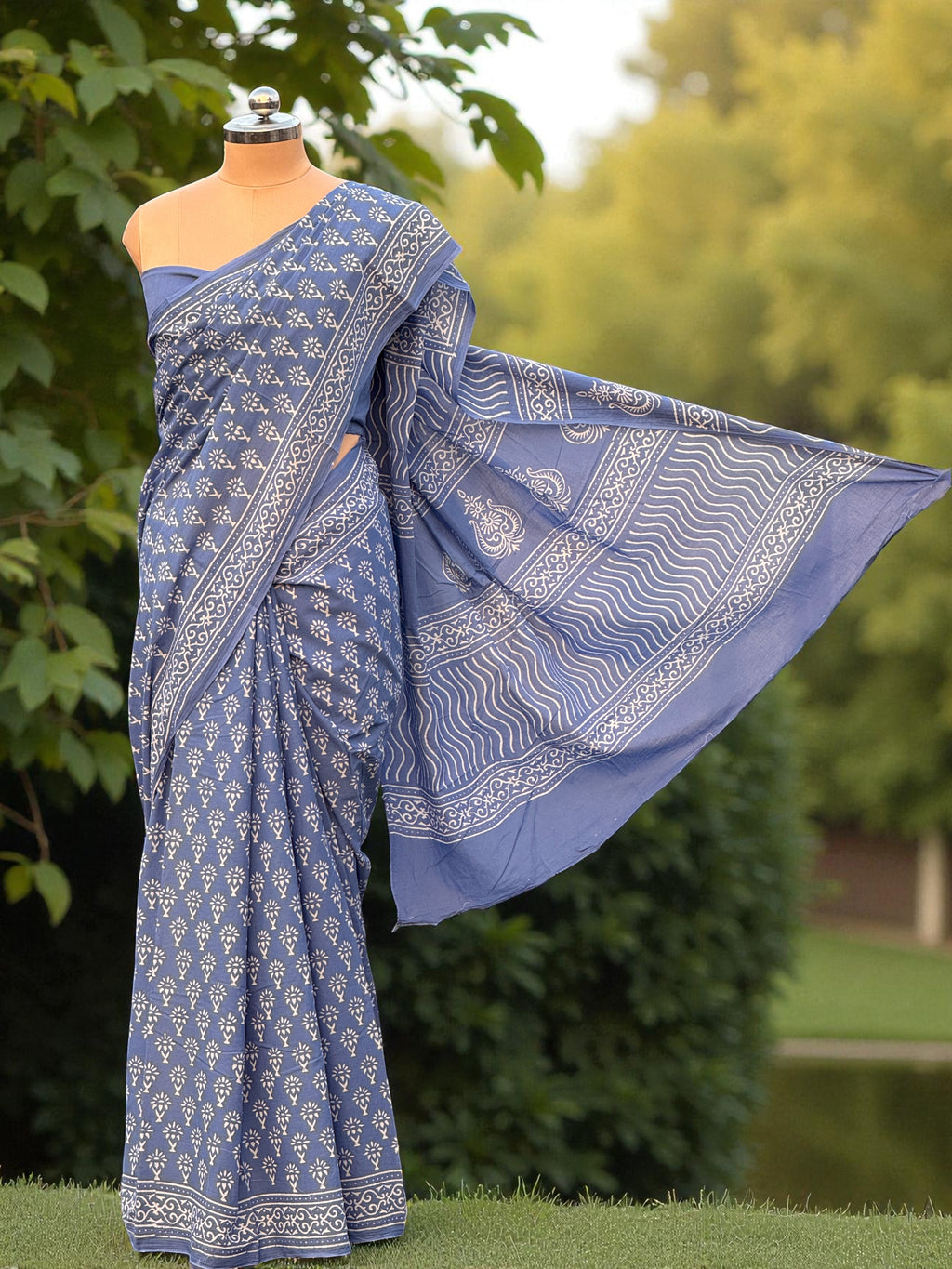 Blue Color Hand Block Printed Mul Cotton Saree