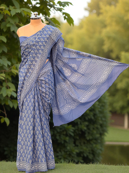 Blue Color Hand Block Printed Mul Cotton Saree