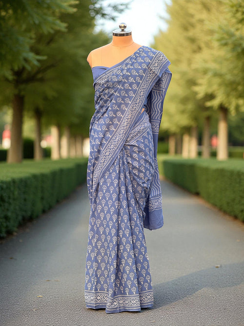 Blue Color Hand Block Printed Mul Cotton Saree