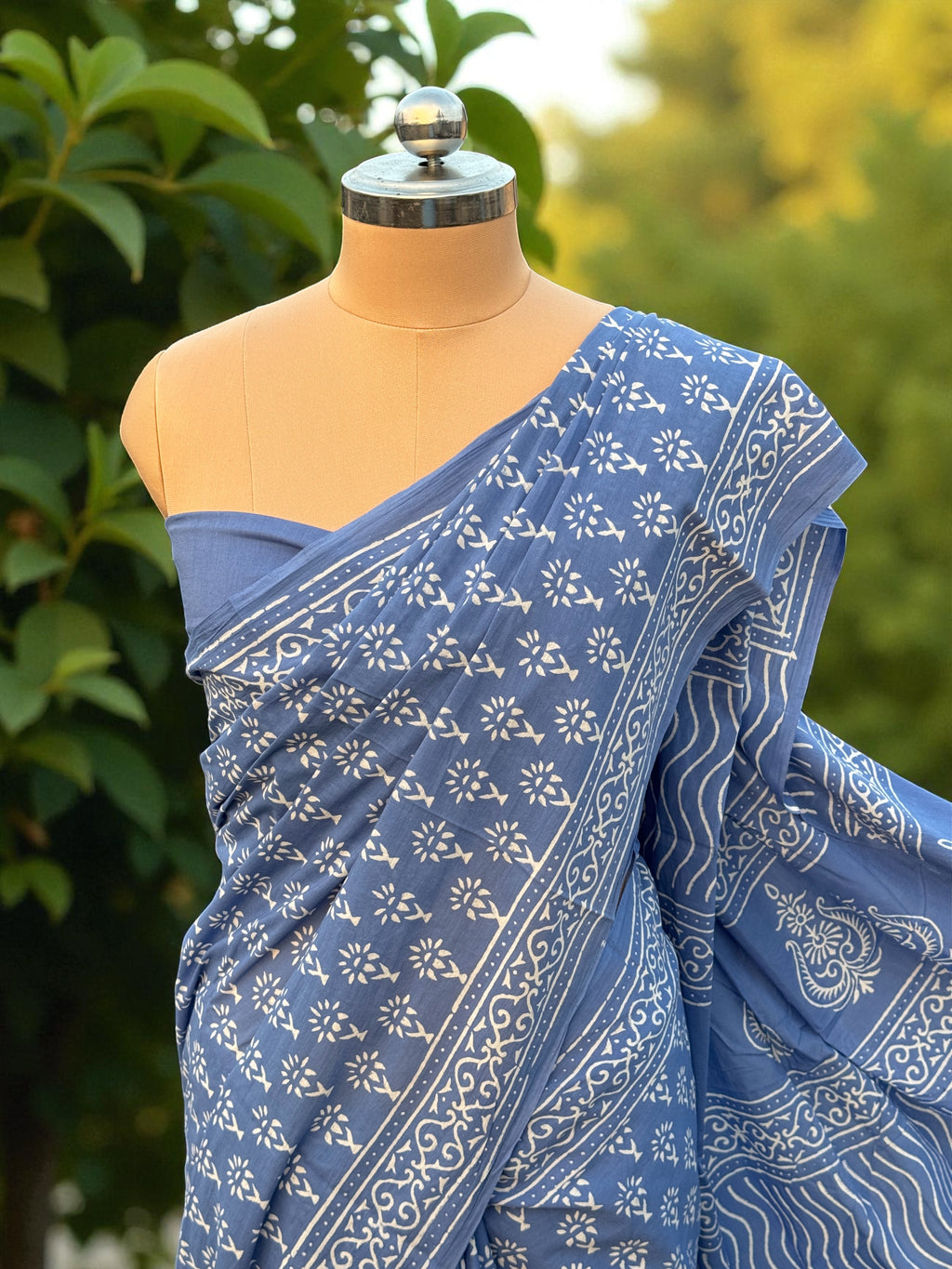 Blue Color Hand Block Printed Mul Cotton Saree