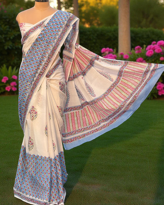 Hand Block Print Mul Cotton Saree