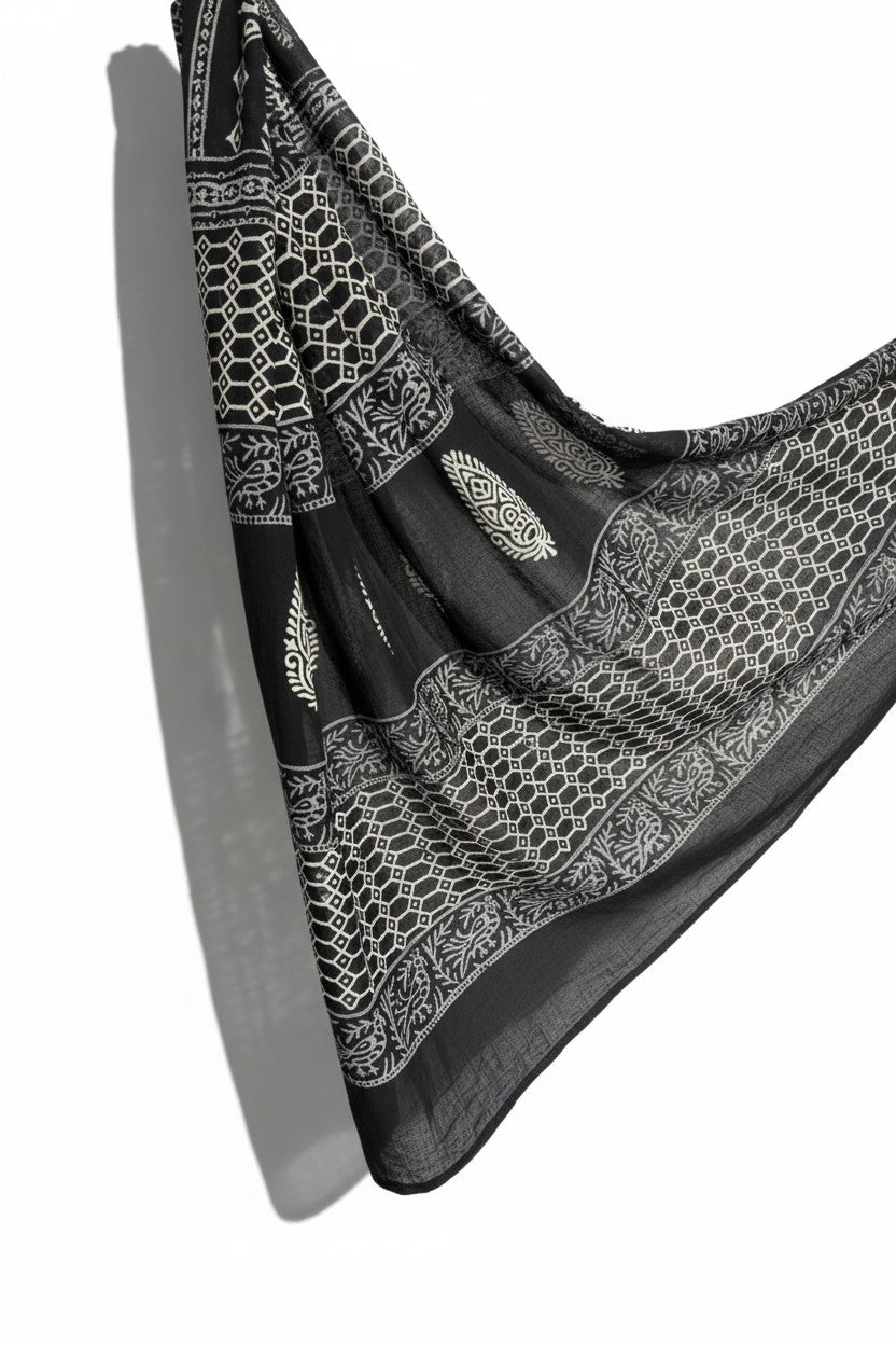 Black Hand Block Printed Mul Cotton Saree