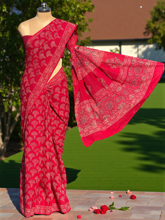Radiant Crimson Hand Block Print Mul Cotton Saree